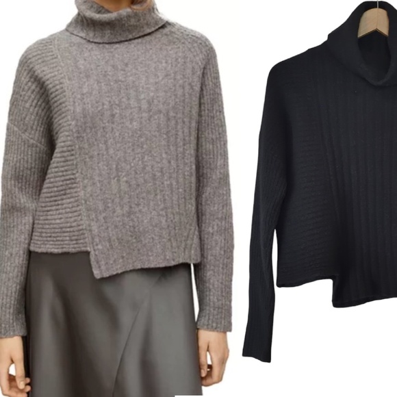 All Saints Black Wool Turtle Neck Asymmetrical Hem Sweater - Picture 1 of 13